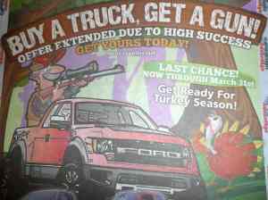 Image of advert from advertising paper illustrating a man in a truck pointing a rifle at a turkey.